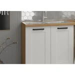 Kuhinjski blok VANESA 250 . Kuhinjski blok VANESA 250 cm je dobavljiva v beli barvi. Debelina delovnega pulta je 38 mm. Kuhinja je izdelana iz oplemenitenih