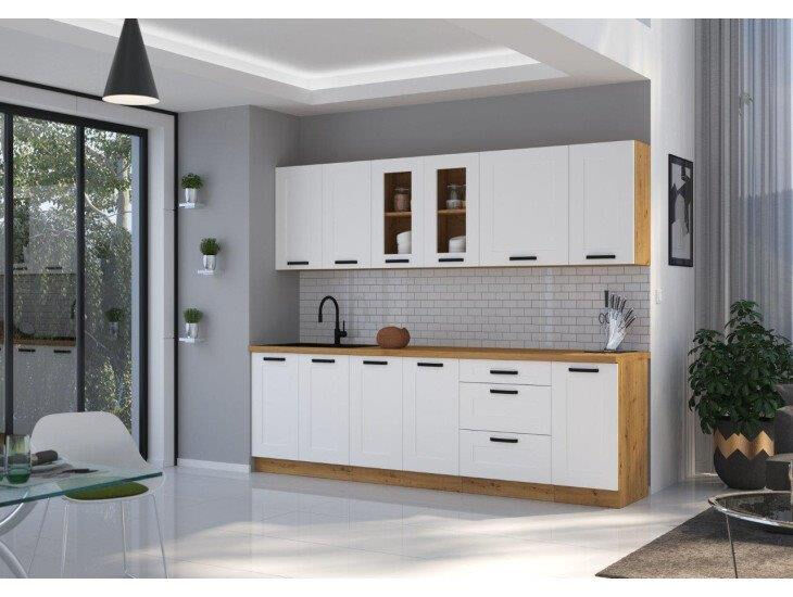 Kuhinjski blok VANESA 260 cm je dobavljiva v beli barvi. Debelina delovnega pulta je 38 mm. Kuhinja je izdelana iz oplemenitenih ivernih plošč debeline 16 mm