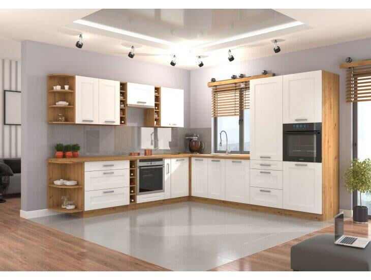 Kuhinjski blok VANESA 305 x 320 cm je dobavljiva v beli barvi. Debelina delovnega pulta je 38 mm. Kuhinja je izdelana iz oplemenitenih ivernih plošč