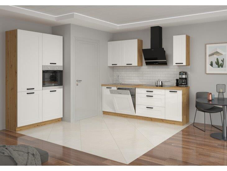 Kuhinjski blok VANESA 350 cm je dobavljiva v beli barvi. Debelina delovnega pulta je 38 mm. Kuhinja je izdelana iz oplemenitenih ivernih plošč debeline 16 mm