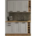 Kuhinjski blok VANESA 465 . Kuhinjski blok VANESA 465 cm je dobavljiva v beli barvi. Debelina delovnega pulta je 38 mm. Kuhinja je izdelana iz oplemenitenih