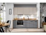 Kuhinjski blok VIVIANA 240 cm + NAPA je modernega dizajna v sivi / kašmir barvi. Stranice so narejene iz laminirane plošče debeline 16 mm, fronte pa