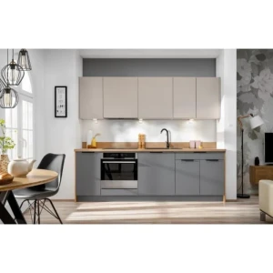 Kuhinjski blok VIVIANA 240 + NAPA . Kuhinjski blok VIVIANA 240 cm + NAPA je modernega dizajna v sivi / kašmir barvi. Stranice so narejene iz laminirane