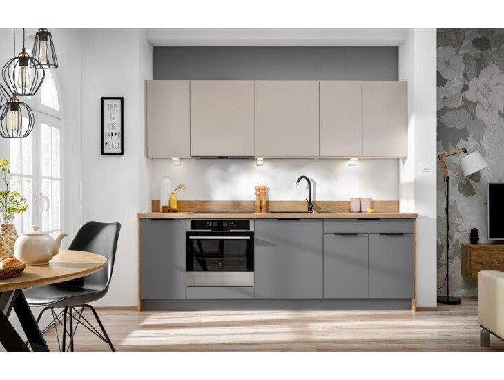 Kuhinjski blok VIVIANA 240 cm + NAPA je modernega dizajna v sivi / kašmir barvi. Stranice so narejene iz laminirane plošče debeline 16 mm, fronte pa