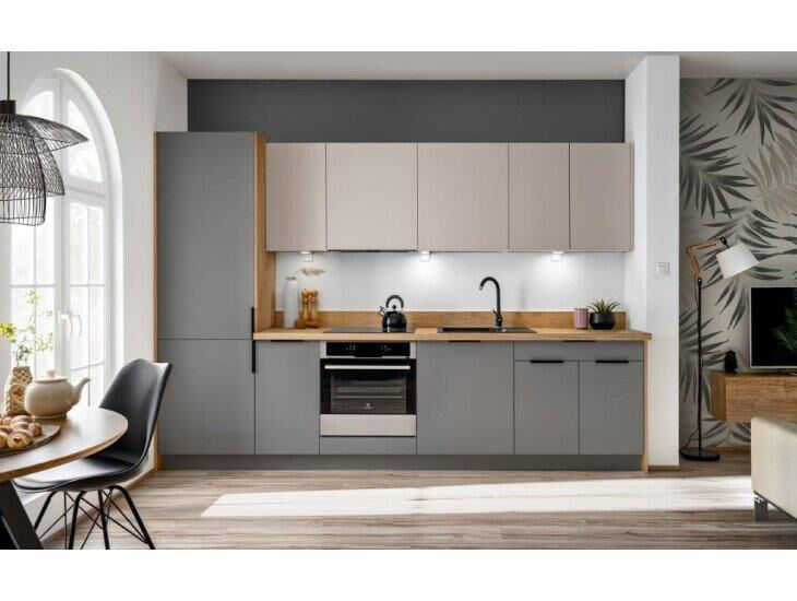 Kuhinjski blok VIVIANA 300 + NAPA Kuhinjski blok VIVIANA 300 cm + NAPA je modernega dizajna v sivi / kašmir barvi. Stranice so narejene iz laminirane plošče debeline 16 mm, fronte pa