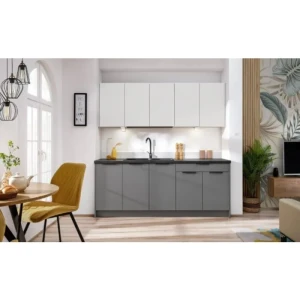 Kuhinjski blok VIVIANA bela/siva 200 . Kuhinjski blok VIVIANA 200 cm je modernega dizajna v beli mat / sivi barvi. Stranice so narejene iz laminirane plošče