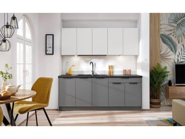 Kuhinjski blok VIVIANA 200 cm je modernega dizajna v beli mat / sivi barvi. Stranice so narejene iz laminirane plošče debeline 16 mm, fronte pa debeline 18