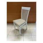 Masiven jedilni stol DEMETRA dobavljiv v beli barvi. Sedišče je iz blaga, nogice so lesene. Izdelan v EU. Dimenzija: - višina: 94 cm - globina: 54 cm -