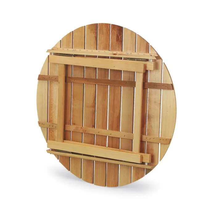 Miza BASS 100 Miza BASS 100 . Miza BASS dimenzije fi 100 cm , narejena v celoti iz naturalnega lesa. Zaščitena je z lakom. Primerna za pokrite terase, balkone, vikendice,