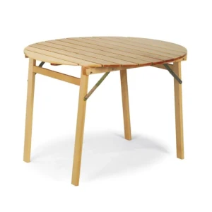 Miza BASS 100 . Miza BASS dimenzije fi 100 cm , narejena v celoti iz naturalnega lesa. Zaščitena je z lakom. Primerna za pokrite terase, balkone, vikendice,