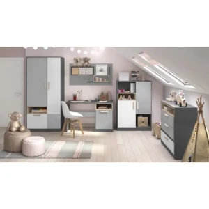 Mladinska soba SIVKO . Mladinska soba SIVKO je narejena iz kvalitetne laminirane plošče s ABS robovi, ročaji so iz bukovega lesa. V ceni je všteto 1 x