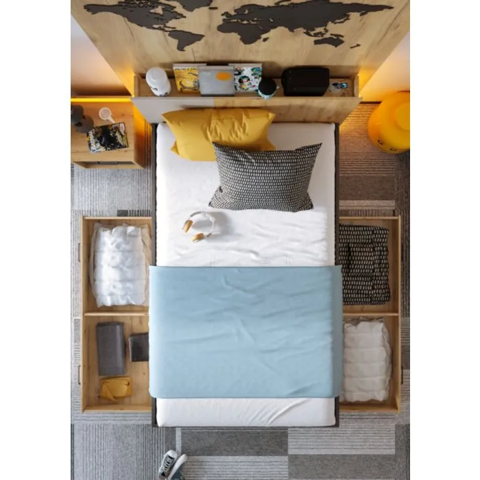 Mladinska spalnica KINDER Mladinska spalnica KINDER . Mladinska spalnica KINDER je primerna za vsako mladinsko sobo, saj ima zanimivo geometrijo izdelkov s pridihom naravnega hrasta v