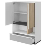 Nizka omara MELI je dvokrilna omara s predalnikom na dnu. Primerna je tako za v dnevno sobo kot za v spalnico. Moderne linije vas bodo očarale. Material: -