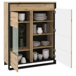 Nizka vitrina KVIN . Nizka vitrina KVIN je popolen kos pohištva, ki popestri vaš prostor. Narejena je iz laminirane plošče in kakovostnega kaljenega