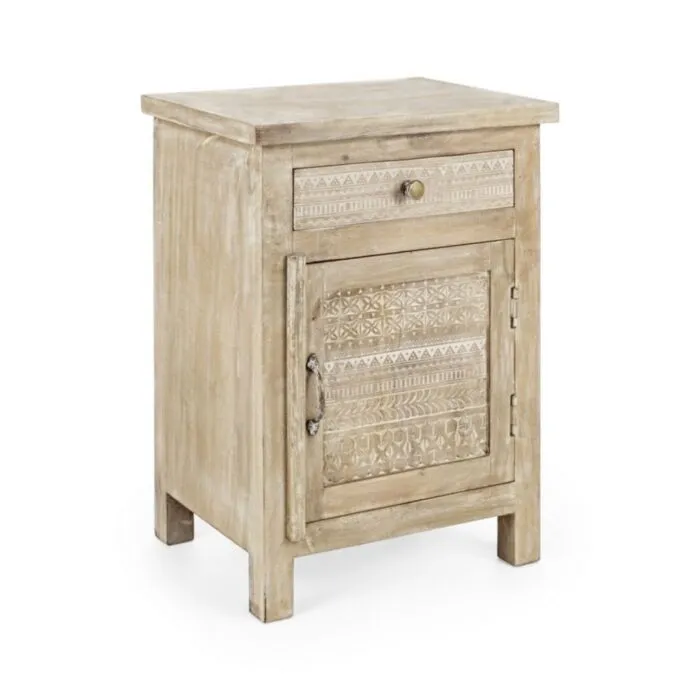 Nočna omarica 1A-1C MAYRA Nočna omarica 1A-1C MAYRA . Nočna omarica 1A-1C MAYRA ima okvir iz lesa z ročno izrezanimi okraski, zadnje strani so iz MDF-ja. Imajo medeninaste ročaje.