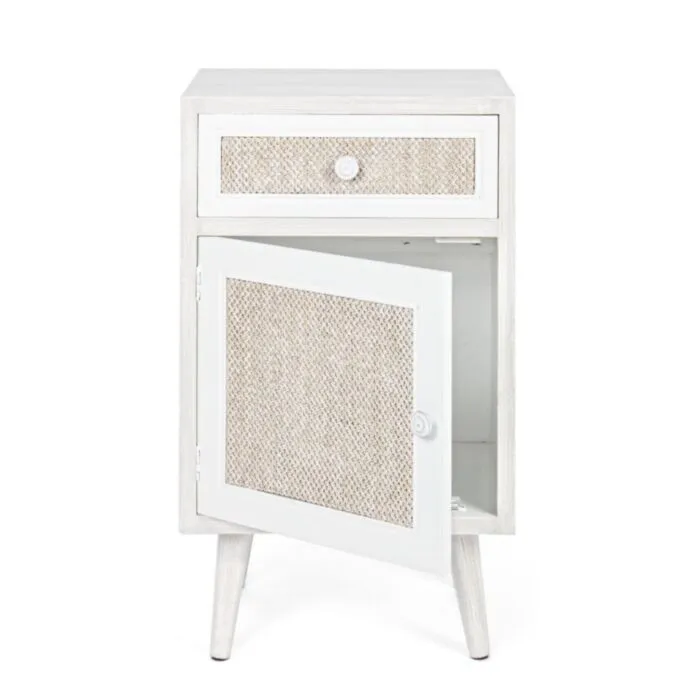 Nočna omarica 1A-1C MONTIEL Nočna omarica 1A-1C MONTIEL . Nočna omarica 1A-1C MONTIEL je narejena iz MDF-ja, sprednja stran predala je oblečena v tkanino, noge so iz kovine. Nočna