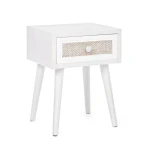 Nočna omarica 1C MONTIEL . Nočna omarica 1C MONTIEL je narejena iz MDF-ja, sprednja stran predala je oblečena v tkanino, noge so iz kovine. S svojo