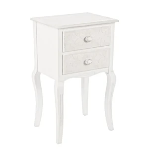 Nočna omarica 2C CLORINE . Nočna omarica 2C CLORINE v rustičnem slogu vas bo navdušila. Dobavljiva je v beli barvi z dodanim motivom cvetic. Narejena je iz