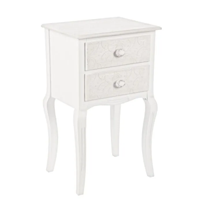 Nočna omarica 2C CLORINE Nočna omarica 2C CLORINE . Nočna omarica 2C CLORINE v rustičnem slogu vas bo navdušila. Dobavljiva je v beli barvi z dodanim motivom cvetic. Narejena je iz