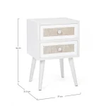 Nočna omarica 2C MONTIEL . Nočna omarica 2C MONTIEL je narejena iz MDF-ja, sprednja stran predala je ovlečena v tkanino, noge so iz kovine. Material: - MDF