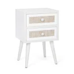 Nočna omarica 2C MONTIEL . Nočna omarica 2C MONTIEL je narejena iz MDF-ja, sprednja stran predala je ovlečena v tkanino, noge so iz kovine. Material: - MDF