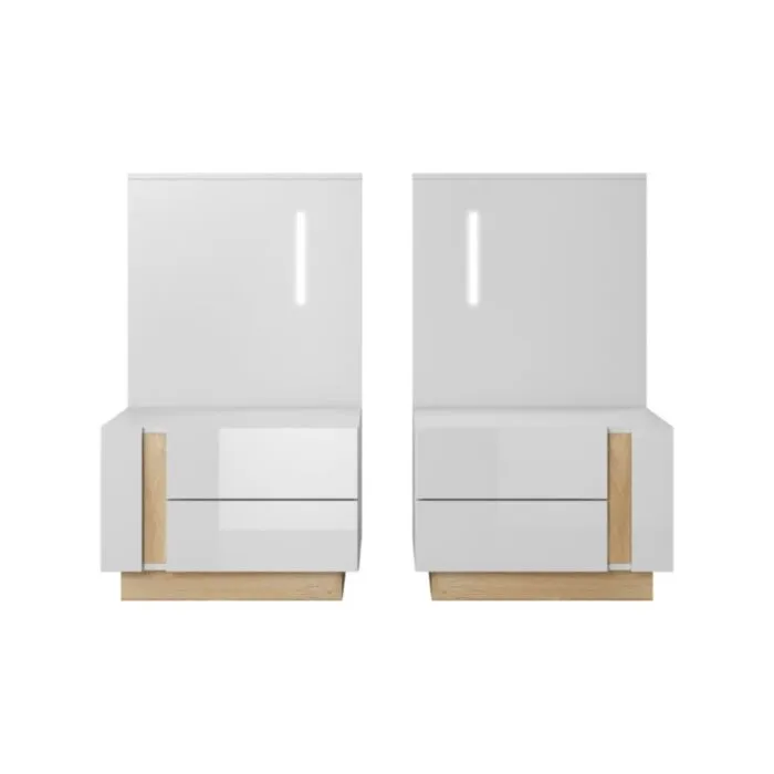 Nočna omarica NANCY Nočna omarica NANCY . Moderno eleganten dizajn nočne omarice NANCY z LED razsvetljavo. Narejena iz odličnih materialov v bela visoki sijaj/hrast dekorju.