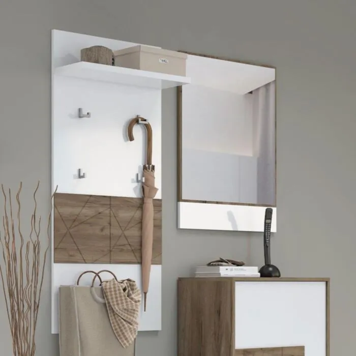 Obešalnik za predsobo VIŠNJA Obešalnik za predsobo VIŠNJA . Obešalnik VIŠNJA je narejen iz odličnih materialov. Na voljo imate 4 kljukice. Dobavljiv je v hrast / beli visoki sijaj