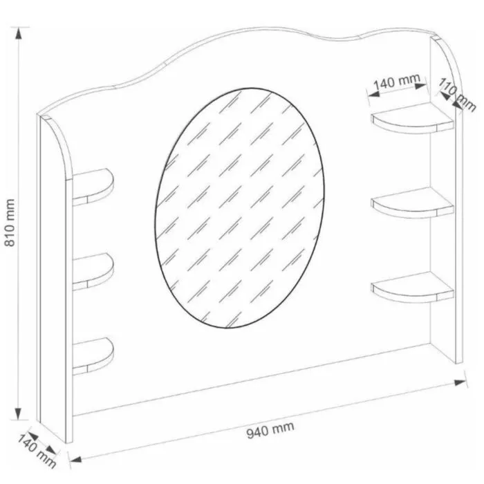 Ogledalo LINA Ogledalo LINA . Ogledalo LINA je podaljšek toaletne mize primeren za kombinirati s komodo LINA ter pisalno mizo LINA. Opremljeno je z velikim, ovalnim