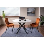 Okrogla jedilna miza LIRKA . Okrogla jedilna miza LIRKA je modernega dizajna. Posebna je zaradi mizne plošče, ki daja učinek marmorja. Mizna plošča pa je