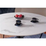 Okrogla jedilna miza LIRKA . Okrogla jedilna miza LIRKA je modernega dizajna. Posebna je zaradi mizne plošče, ki daja učinek marmorja. Mizna plošča pa je