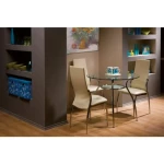 Okrogla jedilna miza ZIVA . Okrogla jedilna miza ZIVA je modernega dizajna. Mizna plošča je izdelana iz kaljenega stekla. Podnožje mize je izdelano iz