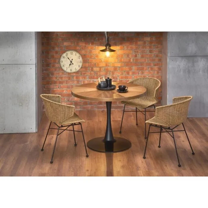 Okrogla miza KARMENO . Okrogla miza KARMENO je kvalitetna in stabilna miza sodobnih oblik. Kombinira ljubezen do lesa in moč kovine. Dimenzije: - Fi100 x V: