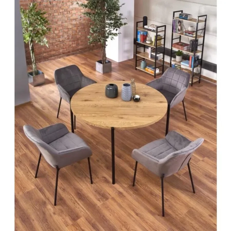 Okrogla miza MEGAN . Okrogla miza MEGAN je kvalitetna okrogla miza iz kovine in lesa. Dimenzije: - Fi120 x V: 76 cm Material: - MDF / laminirana plošča /
