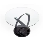 Okrogla miza PTICA . Okrogla miza PTICA je atraktivna in sodobna miza iz stekla. Podnožje je iz kvalitetne kovine v črni barvi. Dimenzije: - Fi122 x V: 77 cm