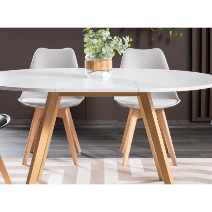 Okrogla raztegljiva jedilna miza ADEL Okrogla raztegljiva jedilna miza ADEL . Okrogla raztegljiva jedilna miza ADEL je narejena iz kvalitetne laminirane plošče z učinkom lesa. Ogrodje je iz