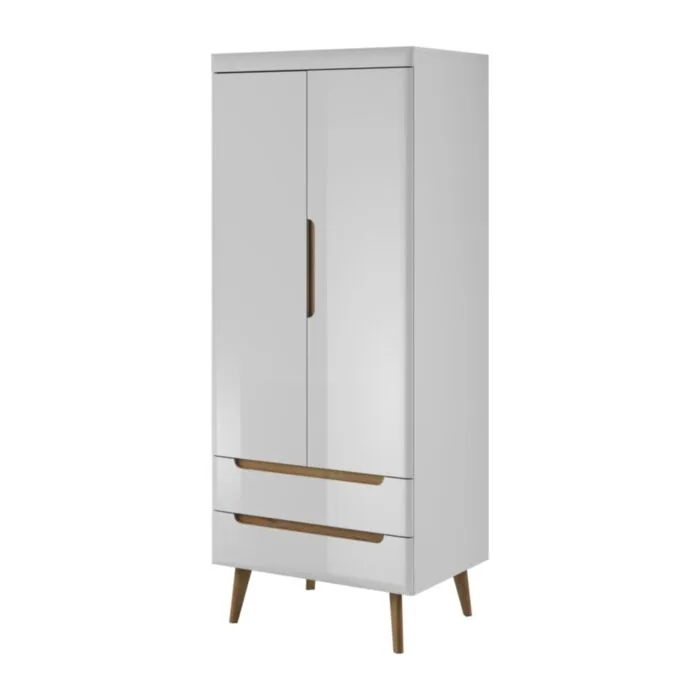 Omara RON Omara RON . Garderobna omara RON z dvemi predali. Elegantnega videza s privdihom skandinavskega stila. Dobavljiva je v bela mat/bela visoki sijaj. Hrastove