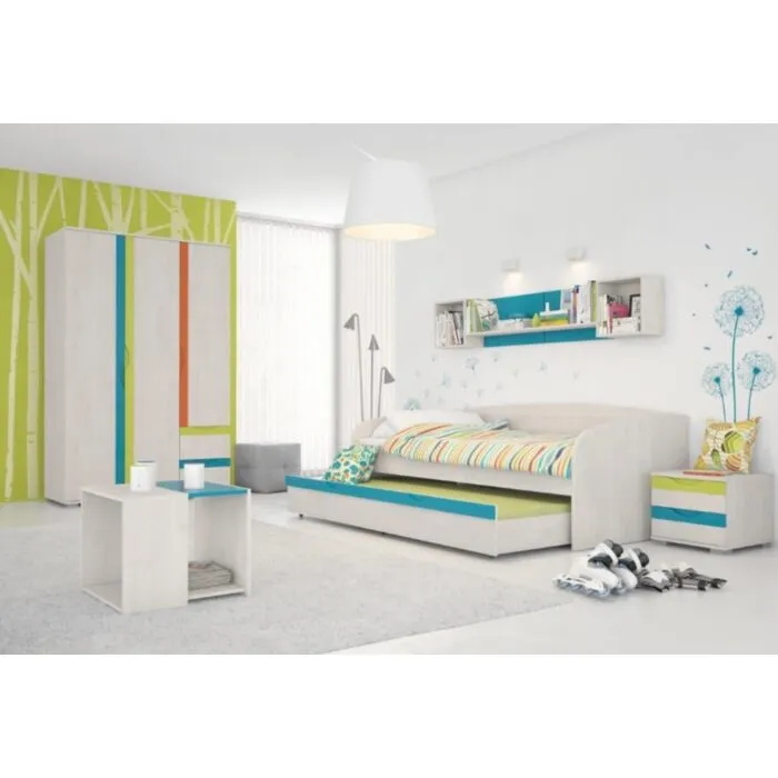 Otroška soba FALOT 2 Otroška soba FALOT 2 . FALOT 2 je moderna otroška soba z živahnimi vzorci, ki ima veliko prostora za shranjevanje stvari in udobje vašega otroka. Komplet
