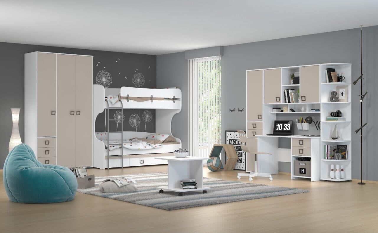HAJDI 2 je moderna otroška soba, ki ima veliko prostora za shranjevanje stvari in udobje vašega otroka, obenem pa je v kompletu še pisarniška miza s
