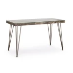 Pisalna miza ATLANTIDE 130X65 . Pisalna miza ATLANTIDE je sestavljena iz kovinskega okvirja starinskega izgleda, mizna plošča je iz MDF-ja in stekla.