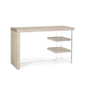 Pisalna miza BILBAO 120X50 . Pisalna miza BILBAO je dobavljiva v barvi lesa. Hrbet in desna stranica sta iz kaljenega stekla, debeline 10mm. Vrh, police in