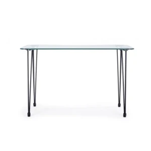 Pisalna miza RONDO črna 120X60 . Pisalna miza RONDO je dobavljiva v črni barvi. Sestavljena je iz kovinskih nog in mizne plošče iz kaljenega stekla (10mm).