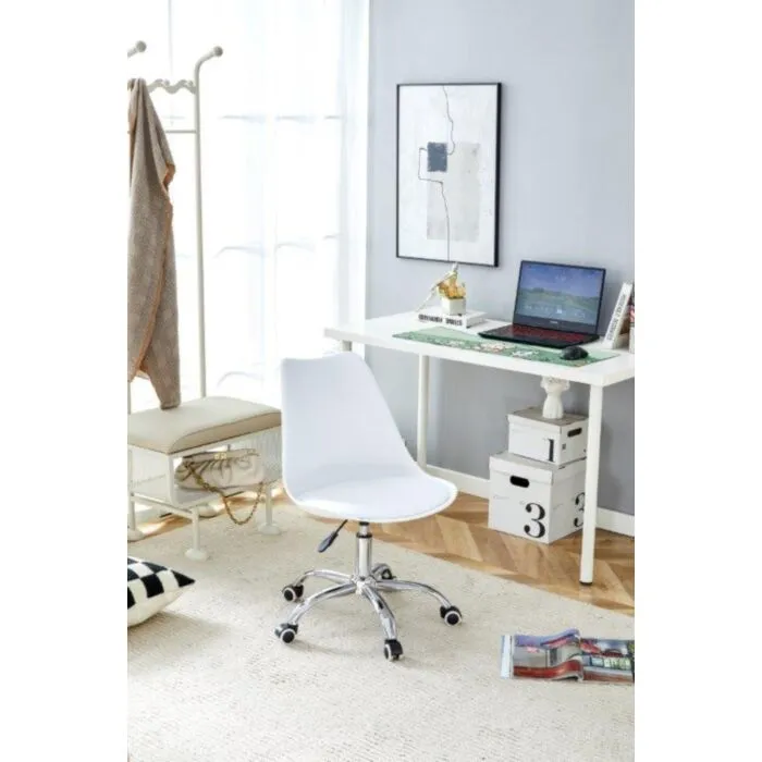 Pisarniški stol ROBI bel . Pisarniški stol ROBI v beli barvi je udoben ter elegantnega videza. Stol je vrtljiv ter nastavljiv na višino. Naslon za hrbet je