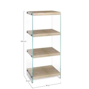 Poličnik 4P LINE KENYA . Poličnik KENYA je dobavljiv v natur barvi lesa. Stranice so iz kaljenega stekla (12mm), police pa so iz MDF plošč (videz lesa).