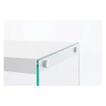 Poličnik LINA bela . Poličnik LINA WOOD je dobavljiv v beli barvi. Stranice so iz kaljenega stekla (12mm), police pa so iz MDF plošč (videz lesa).