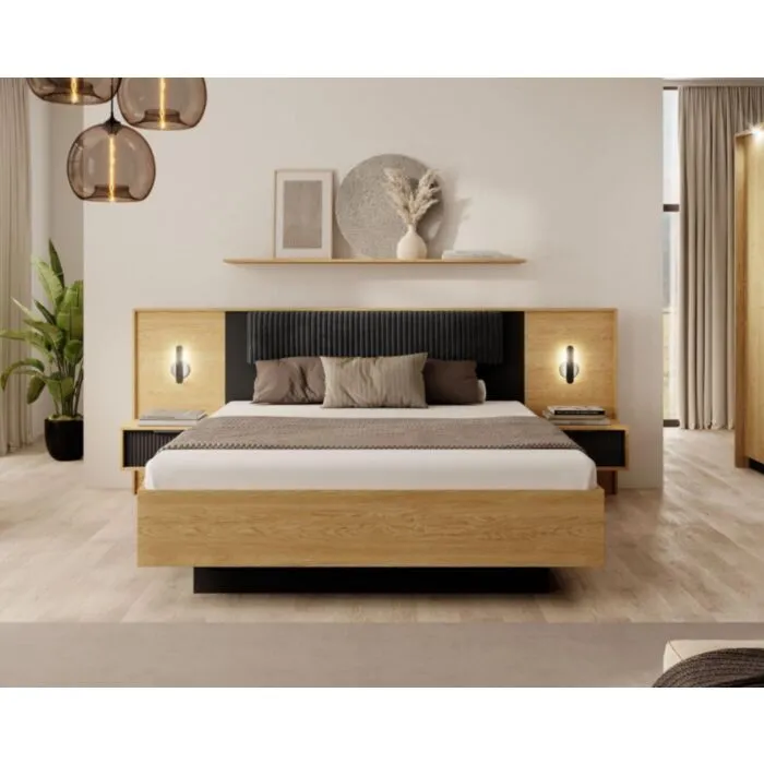 Postelja BILI Postelja BILI . Postelja BILI, je eleganten kos pohištva, ki popestri vaš prostor. Narejena je iz odličnih materialov v barvi hrasta s kombinacijo črne.