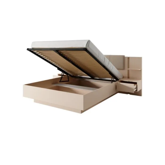 Postelja DAŠA Postelja DAŠA . Elegantna in moderna spalnica DAŠA je narejena iz odličnih materialov v barvi beige. V ceno je vključen dvižni pod in dve elegantni nočni