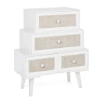 Predalnik 2C-2C MONTIEL . Predalnik 2C-2C MONTIEL je narejen iz MDF-ja, sprednja stran predala je oblečena v tkanino, noge so iz kovine. Ima štiri elegantne