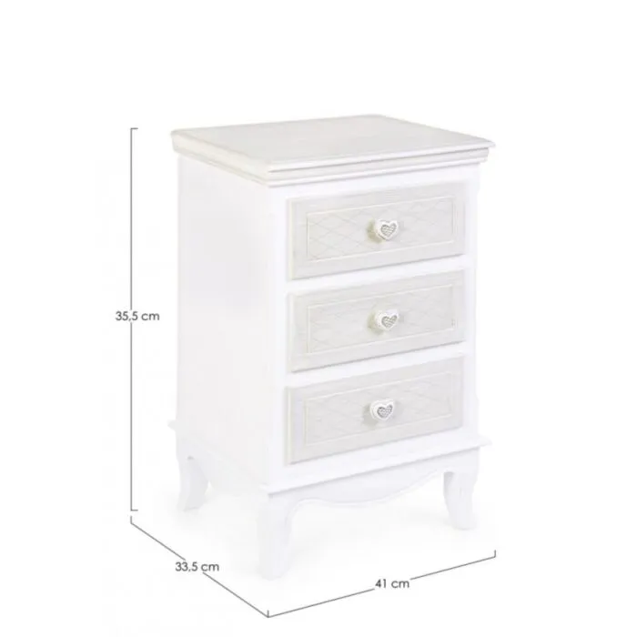 Predalnik 3C CHARLENE . Predalnik 3C CHARLENE je kvalitetno narejena, dobavljiva v beli barvi. Izdelana je iz MDF-a. Material: - MDF Barva: - Bela Dimenzije: