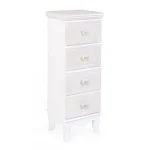 Predalnik 4C CHARLENE S . Predalnik 4C CHARLENE S je narejena iz MDF-ja in ima gumbe iz polismole. Material: - Polismola - MDF Barva: - Bela - Vzorci