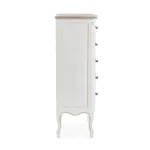 Predalnik JUSTINE, je eleganten in kakovosten kos pohištva. Okvir je narejen iz lesa pavlovnije in furnirja. Plošča je narejena iz MDF-ja. Ima kovinske